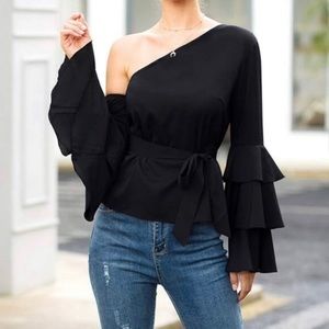 Venus Off Shoulder Bell Ruffle Sleeves With Ties - Black - Size 12 NEW